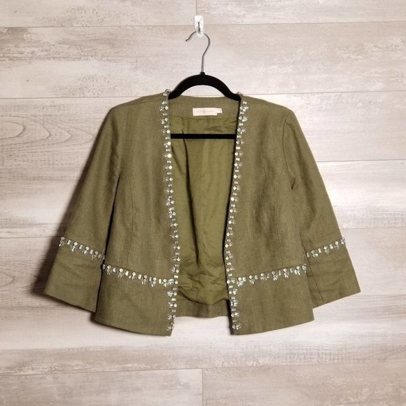 Tory Burch Avery Hills Linen Blend Rhinestone 3/4 Sleeve Jacket Green Size 4 - Picture 2 of 8